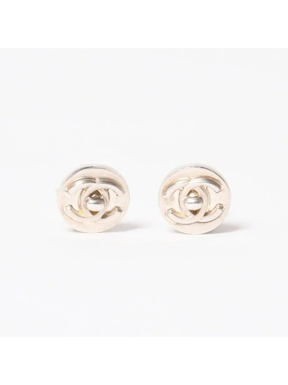 Chanel CC Logo Earrings 97 Button Metal Silver